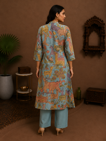 Aqua Blue Kalamkari Cotton Kurta Pant Set