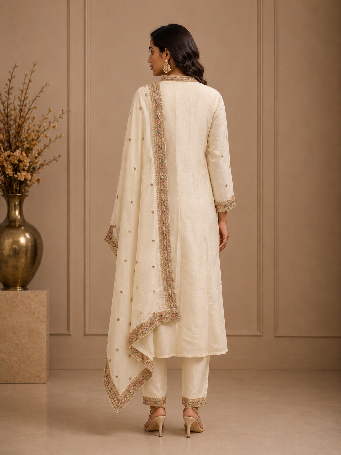 Ivory Vichitra Silk Straight Suit Set with Embroidered Dupatta