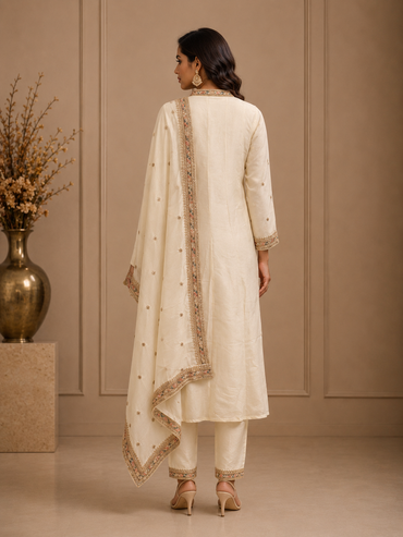 Ivory Vichitra Silk Straight Suit Set with Embroidered Dupatta