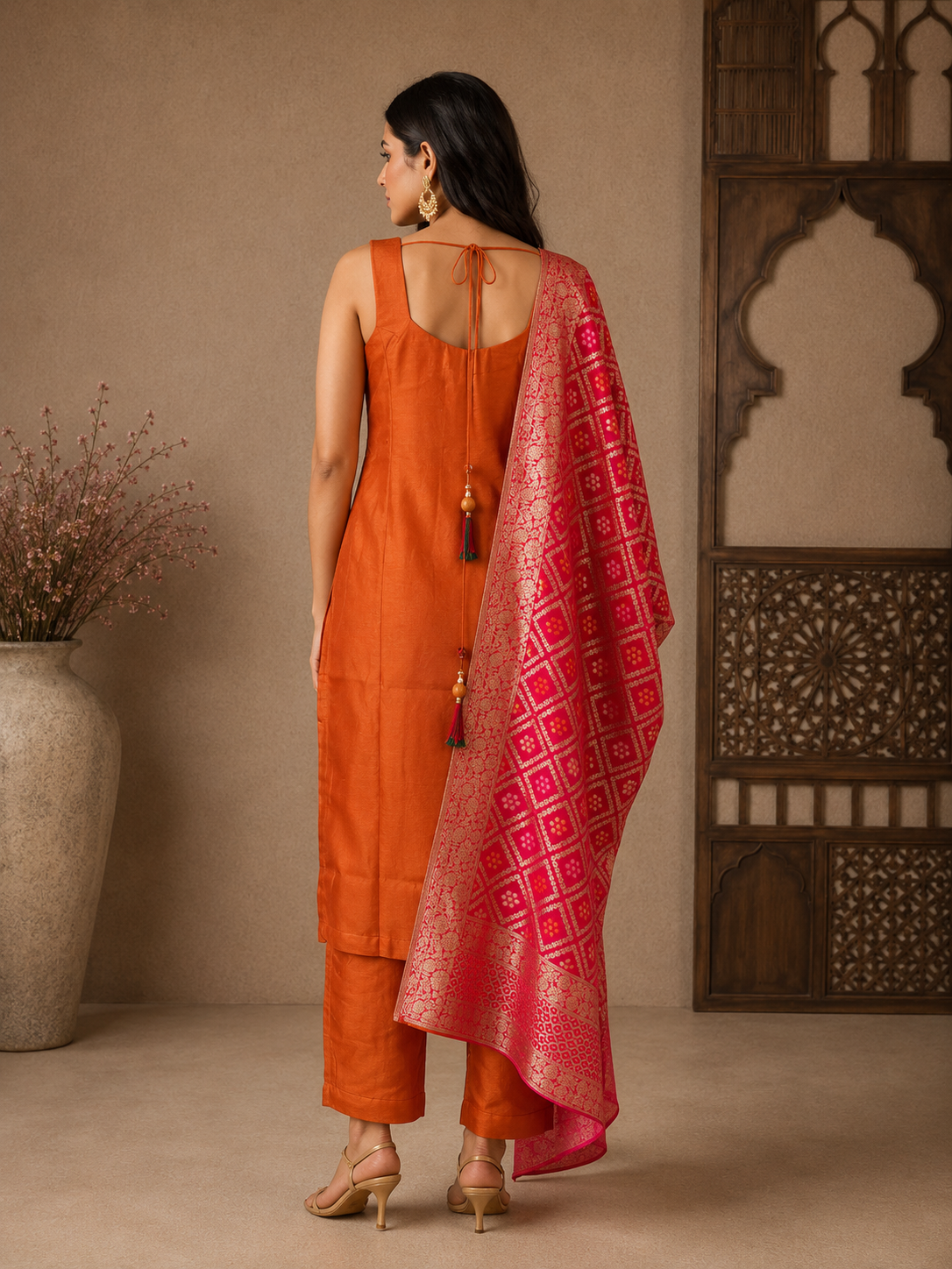 Elegant Orange Silk Straight Suit Set with Pink Banarasi Dupatta