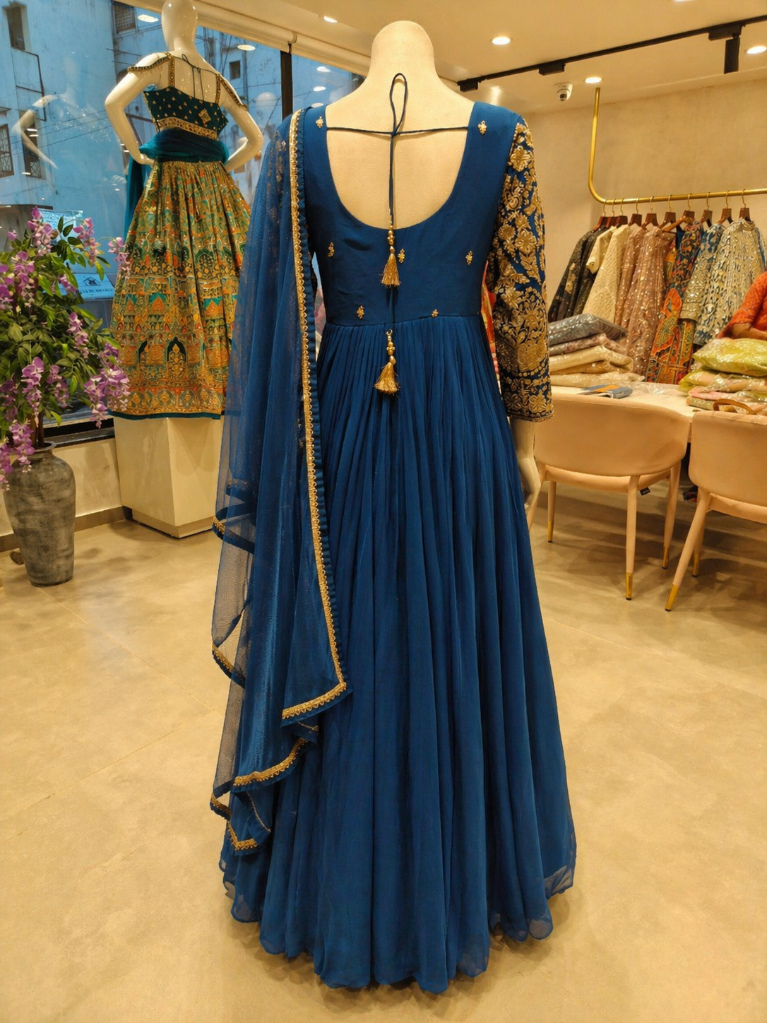 Royal Blue Georgette Anarkali Gown with Embroidered Bodice & Dupatta | Wedding & Evening Wear