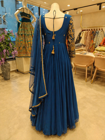 Royal Blue Georgette Anarkali Gown with Embroidered Bodice & Dupatta | Wedding & Evening Wear