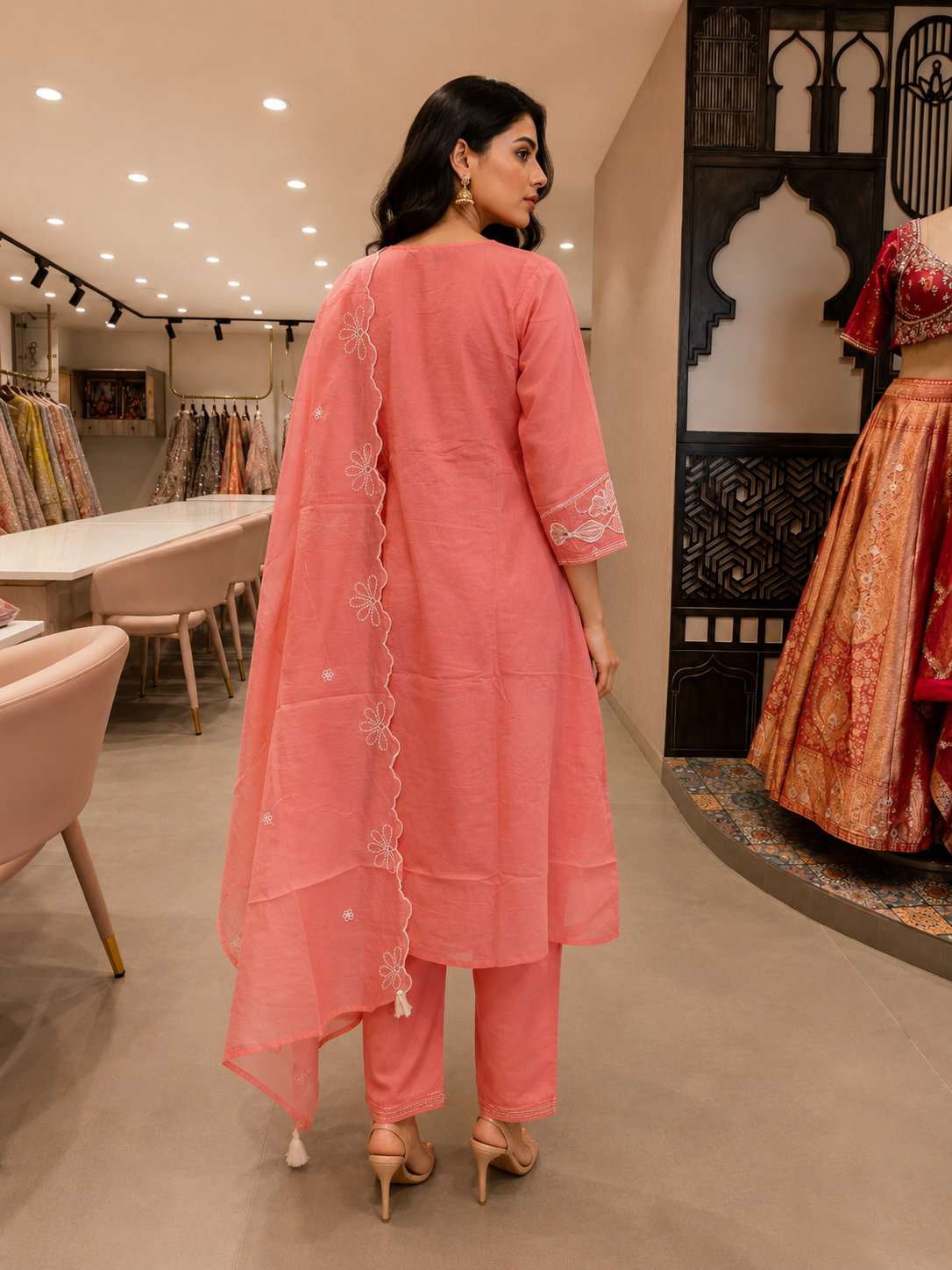 Coral Pink Mul Chanderi Embroidered Kurta Set