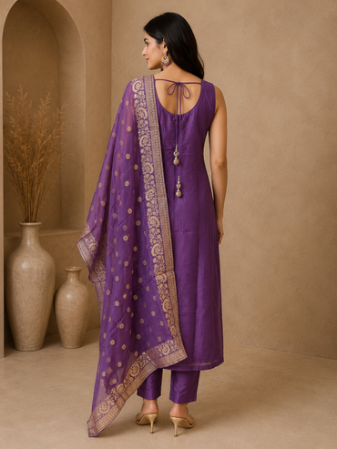 Premium Brocade Silk Straight Suit Set with Woven Organza Dupatta – Royal Purple