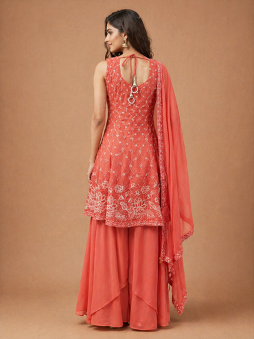 Coral Embroidered Kurta with Sharara & Dupatta Set | Festive & Occasion Wear