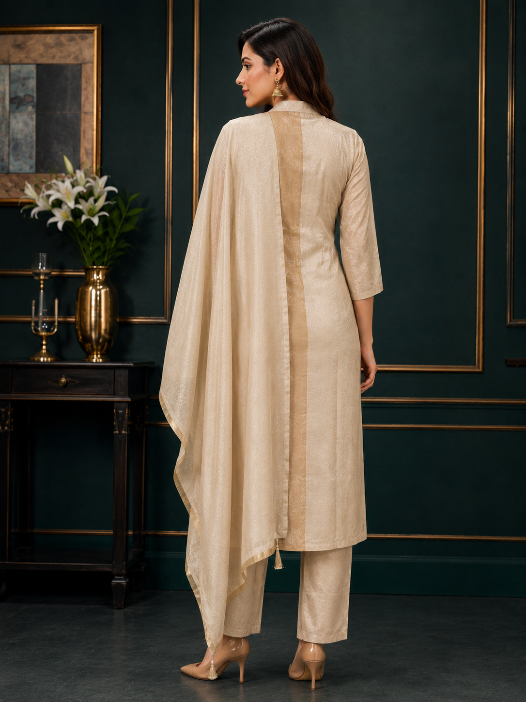 Champagne Tissue Silk Embellished Kurta Set with Dupatta