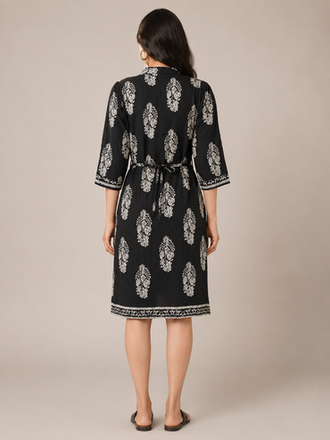 Imported Lycra Black Printed Fit & Flare Midi Dress for Women