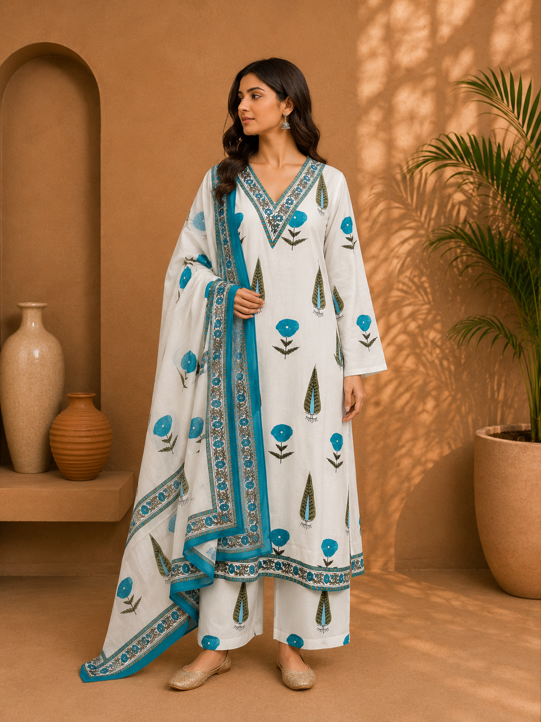 Women's Cotton Block Print Kurta Pant Set with Dupatta – White & Pink Floral