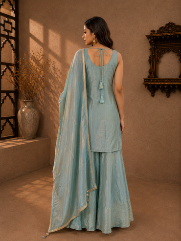 Sky Blue Silk Embroidered Kurta Set with Sharara & Dupatta