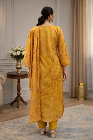 Mustard Yellow Silk Floral Printed Kurta Set with Dupatta