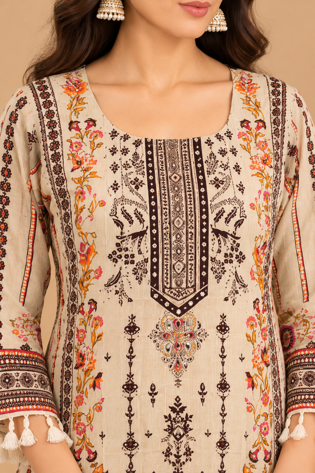 Beige Floral Printed Kurta Palazzo Set with Tassel Detailing