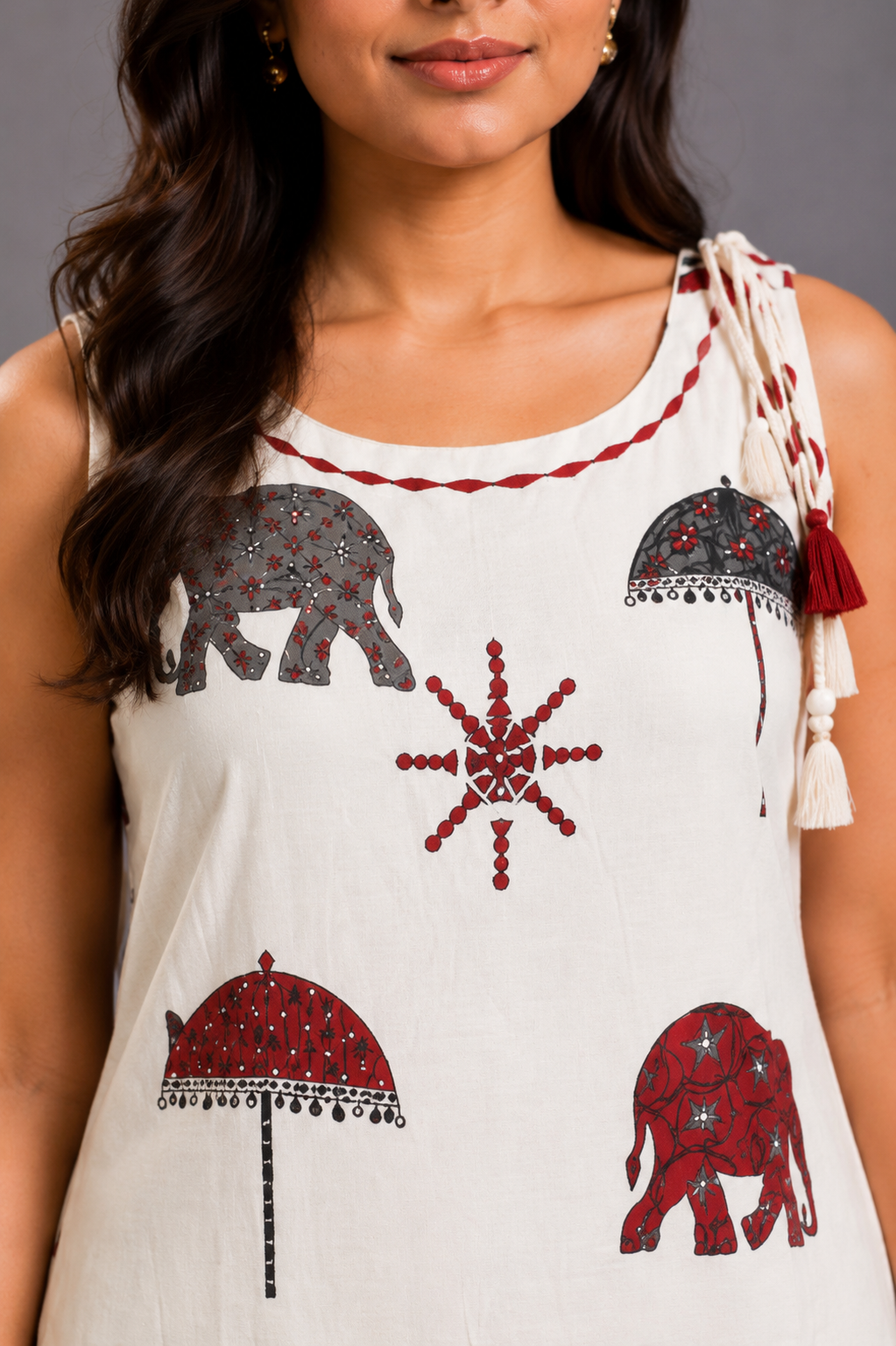Ivory Printed Kurta Palazzo Set with Elephant & Umbrella Motifs