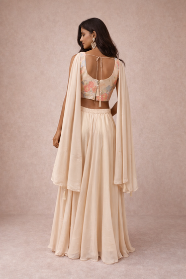 Ivory Silk Floral Co-ord Set with Cape Dupatta