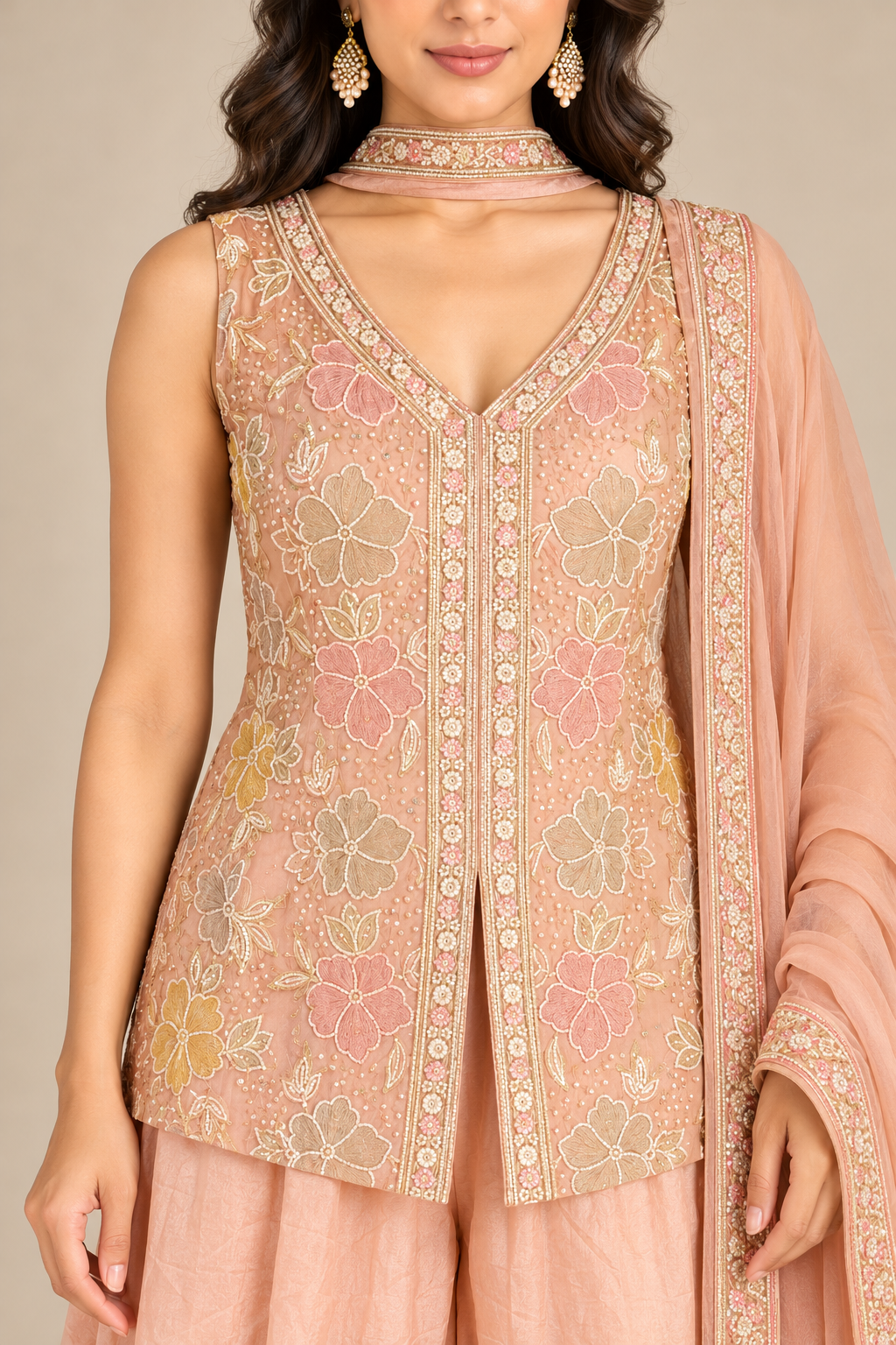 Blush Peach Floral Embroidered Top and Palazzo Set