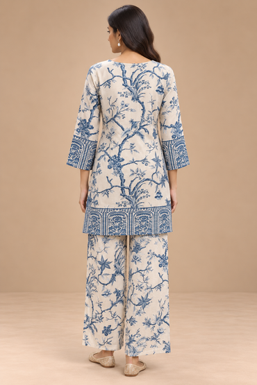 Ivory Blue Floral Printed Kurta Palazzo Set