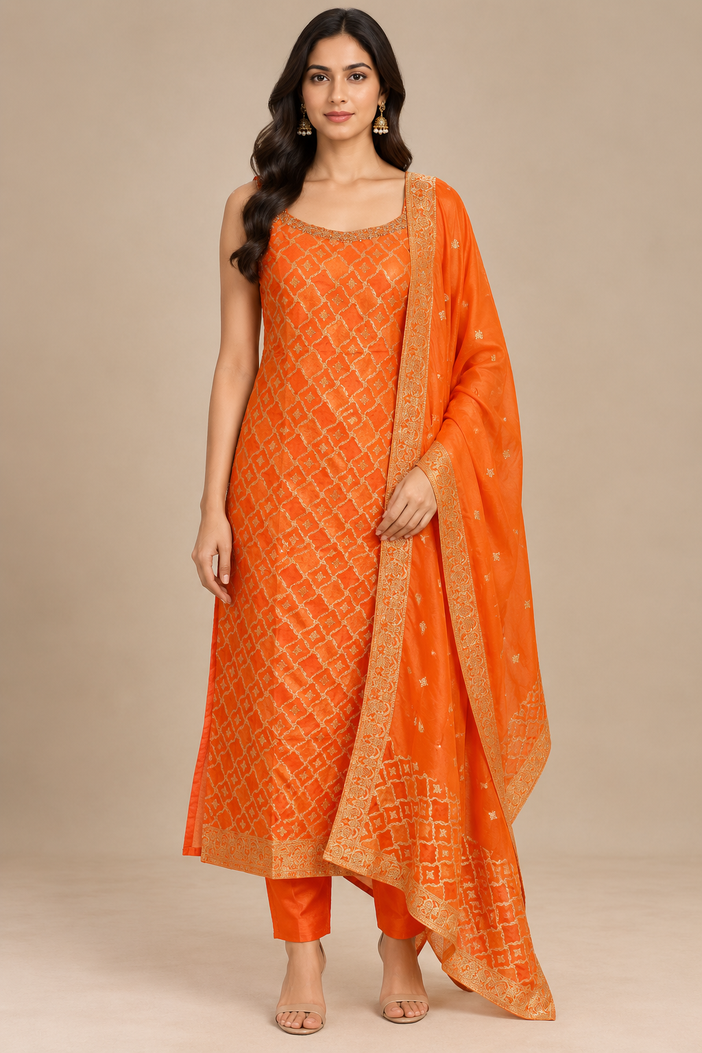 Orange Geometric Embroidered Kurta Set with Dupatta
