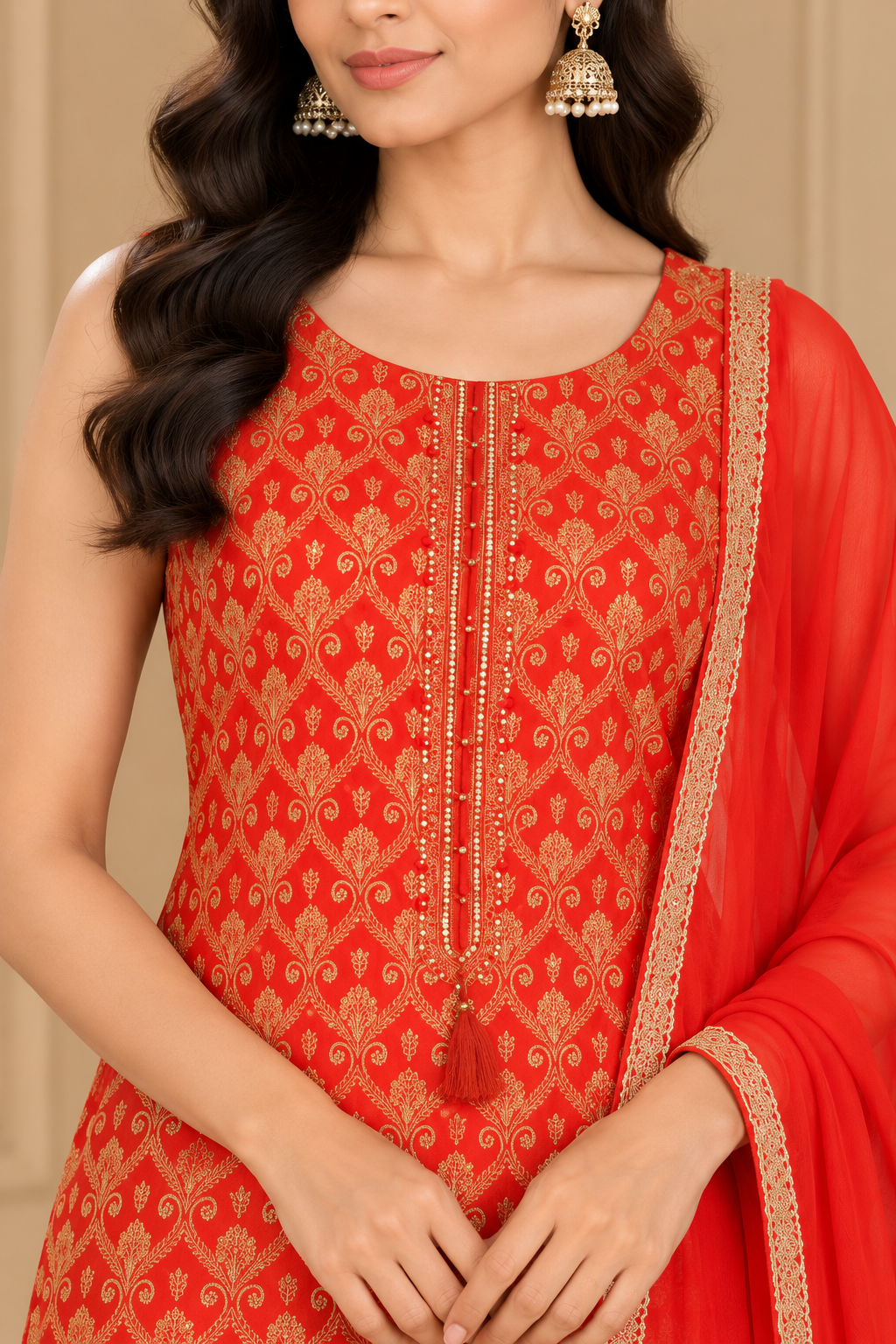 Red & Gold Embroidered Kurta Set with Dupatta