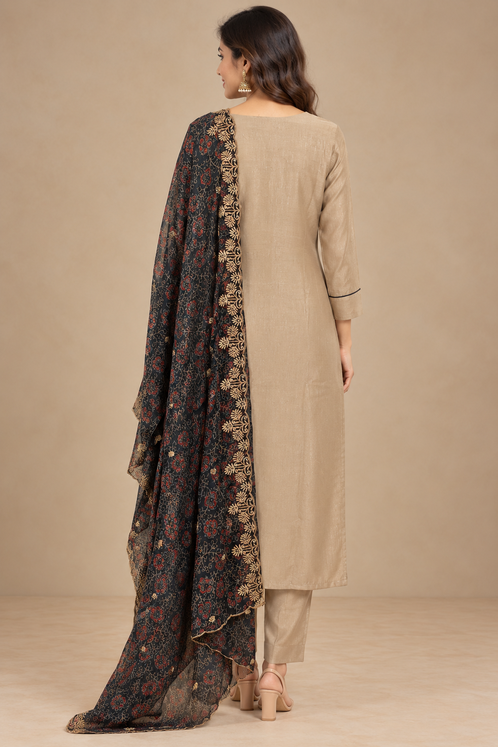 Beige Embroidered Kurta Set with Printed Dupatta