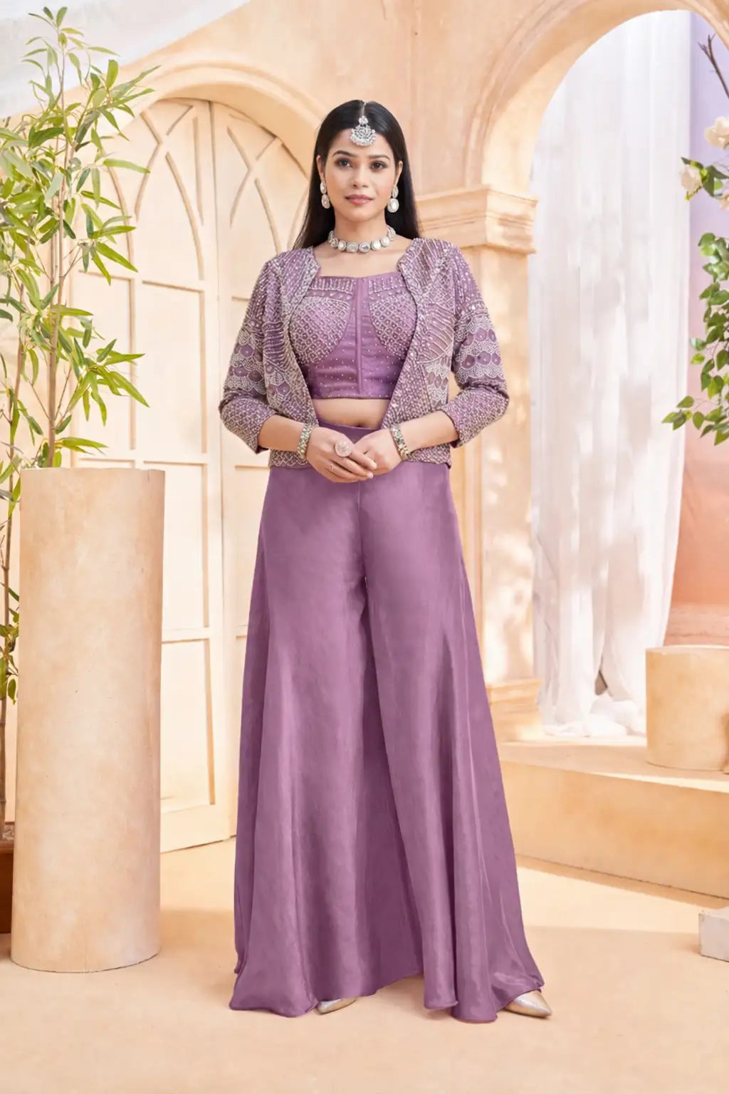 Mauve Tissue Crop Top Palazzo Set with Embroidered Jacket