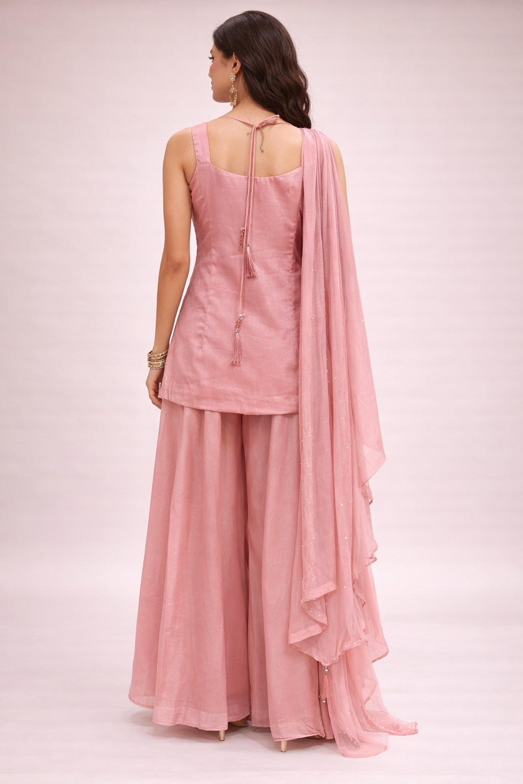 Blush Pink Embroidered Silk Kurta Palazzo Set with Dupatta for Women