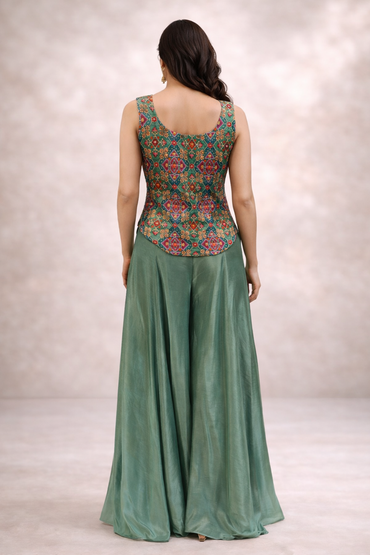 Teal Green Printed Corset Top silk with Wide-Leg Pants & Dupatta Set