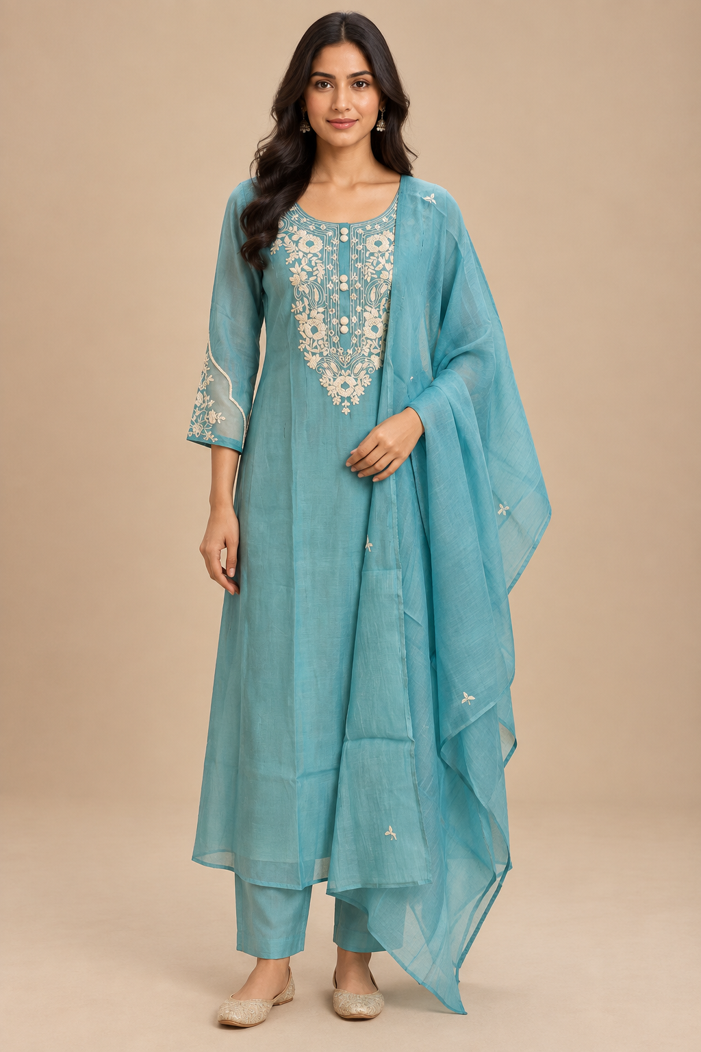 Powder Blue Embroidered Kurta Set with Dupatta