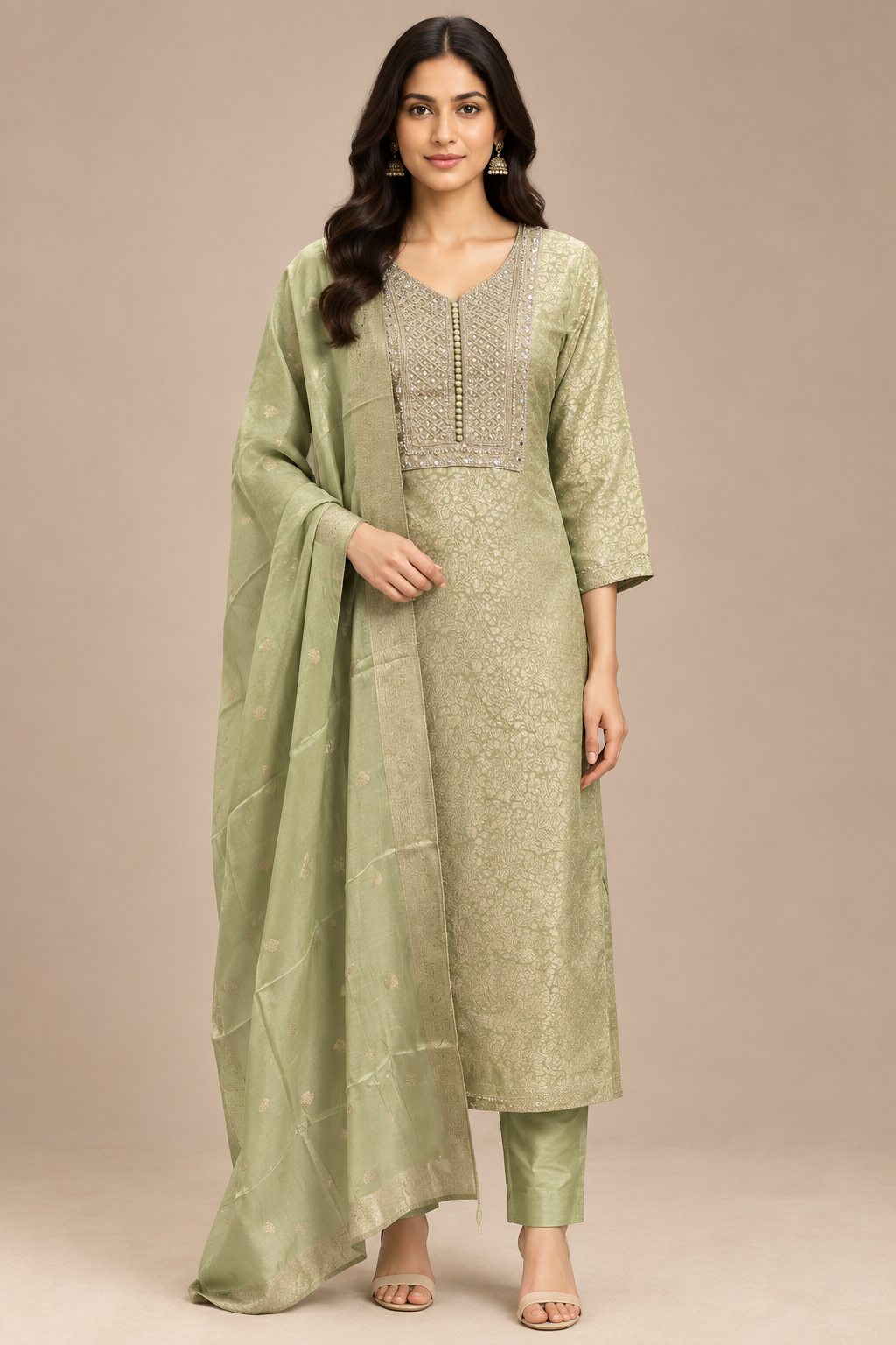Pista Green Embroidered Straight Kurta Pant Set with Dupatta