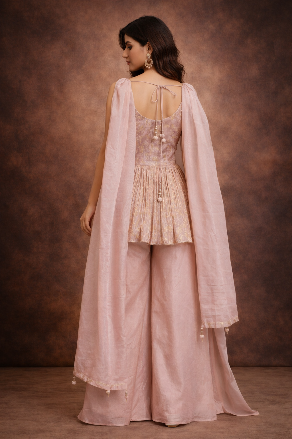 Blush Pink Silk Embroidered Peplum Kurta Sharara Set with Dupatta