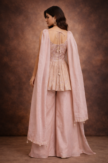 Blush Pink Silk Embroidered Peplum Kurta Sharara Set with Dupatta