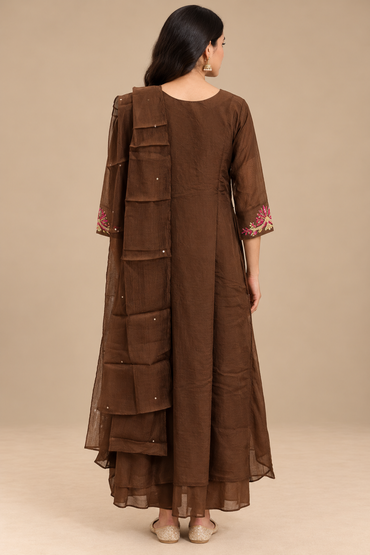 Brown Embroidered Anarkali Kurta Set with Dupatta
