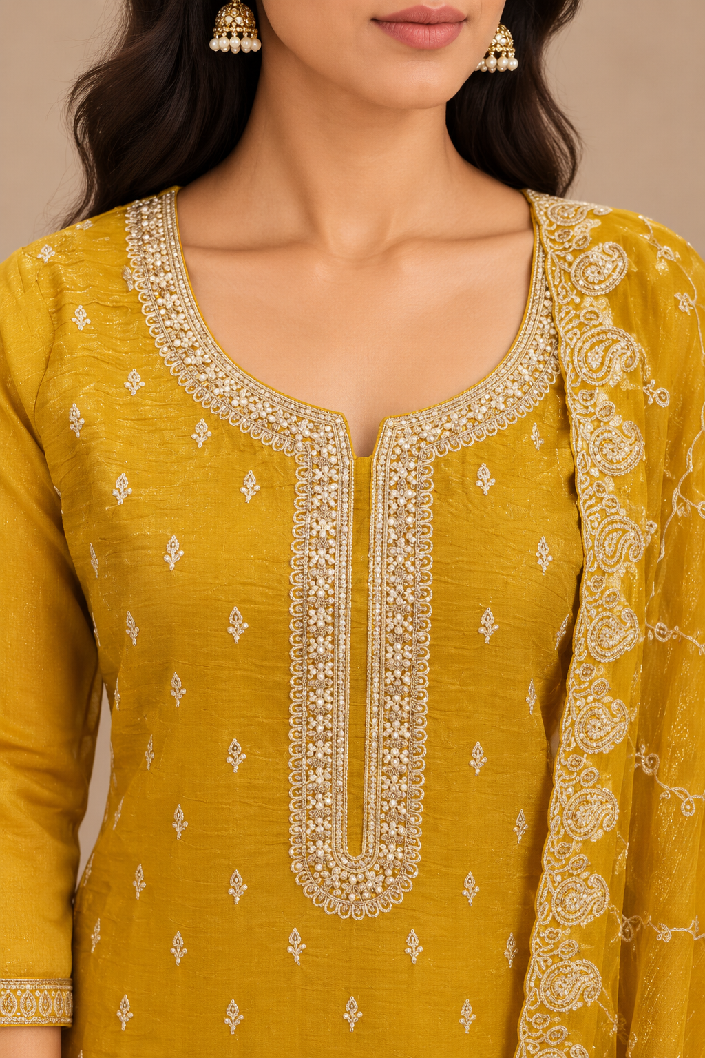 Mustard Gold Tissue Silk Embroidered Straight-Cut Suit Set