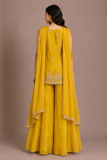 Mustard Yellow Tissue Embroidered Sharara Set