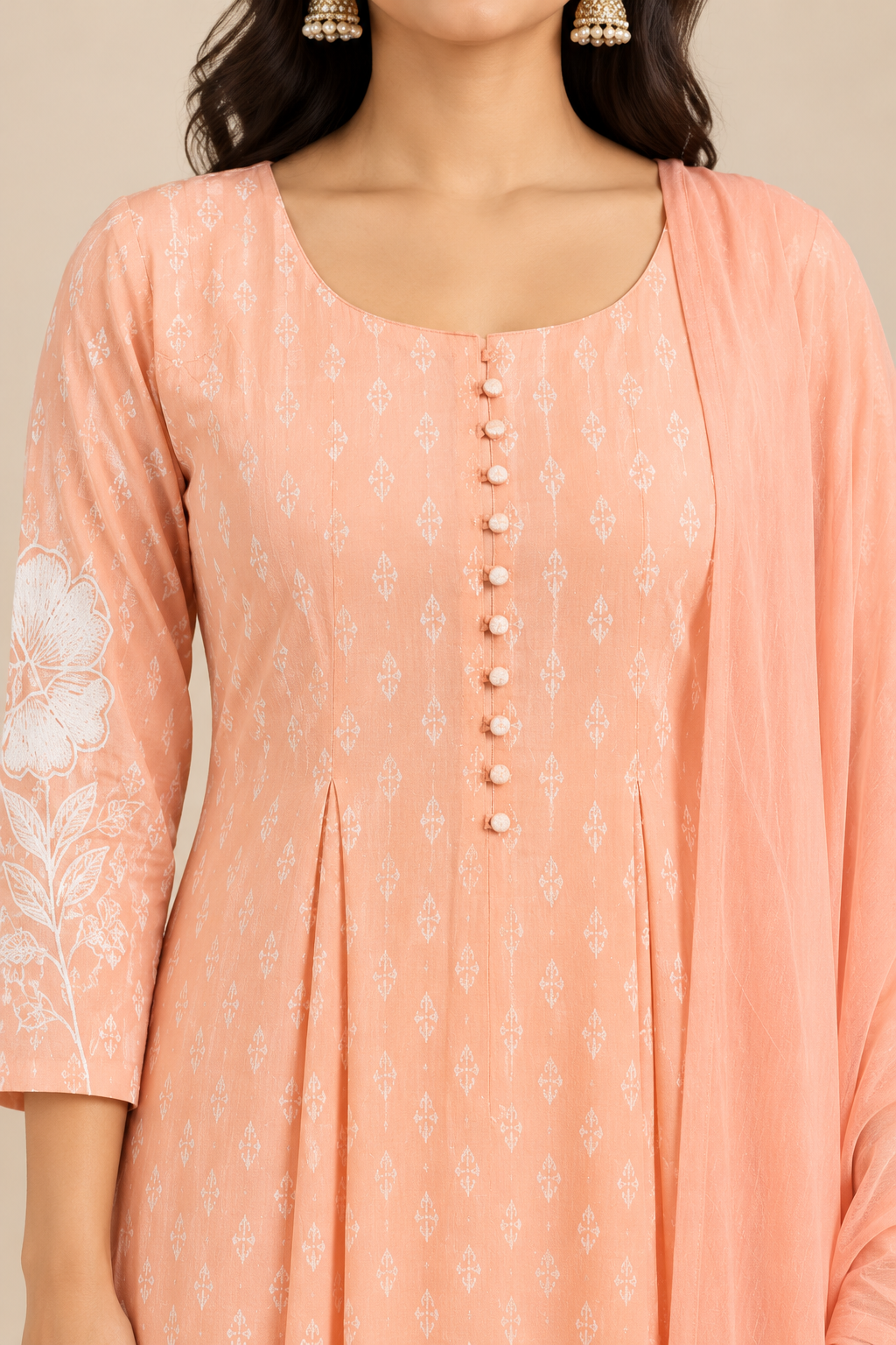Peach Embroidered Anarkali Kurta Pant Set with Dupatta