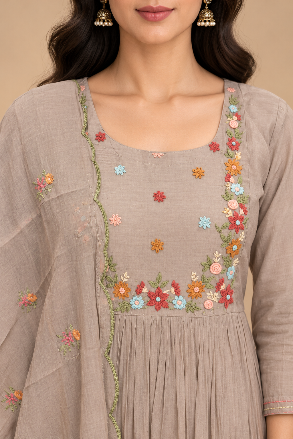 Taupe Mul Chanderi Floral Embroidered Straight-Cut Suit Set