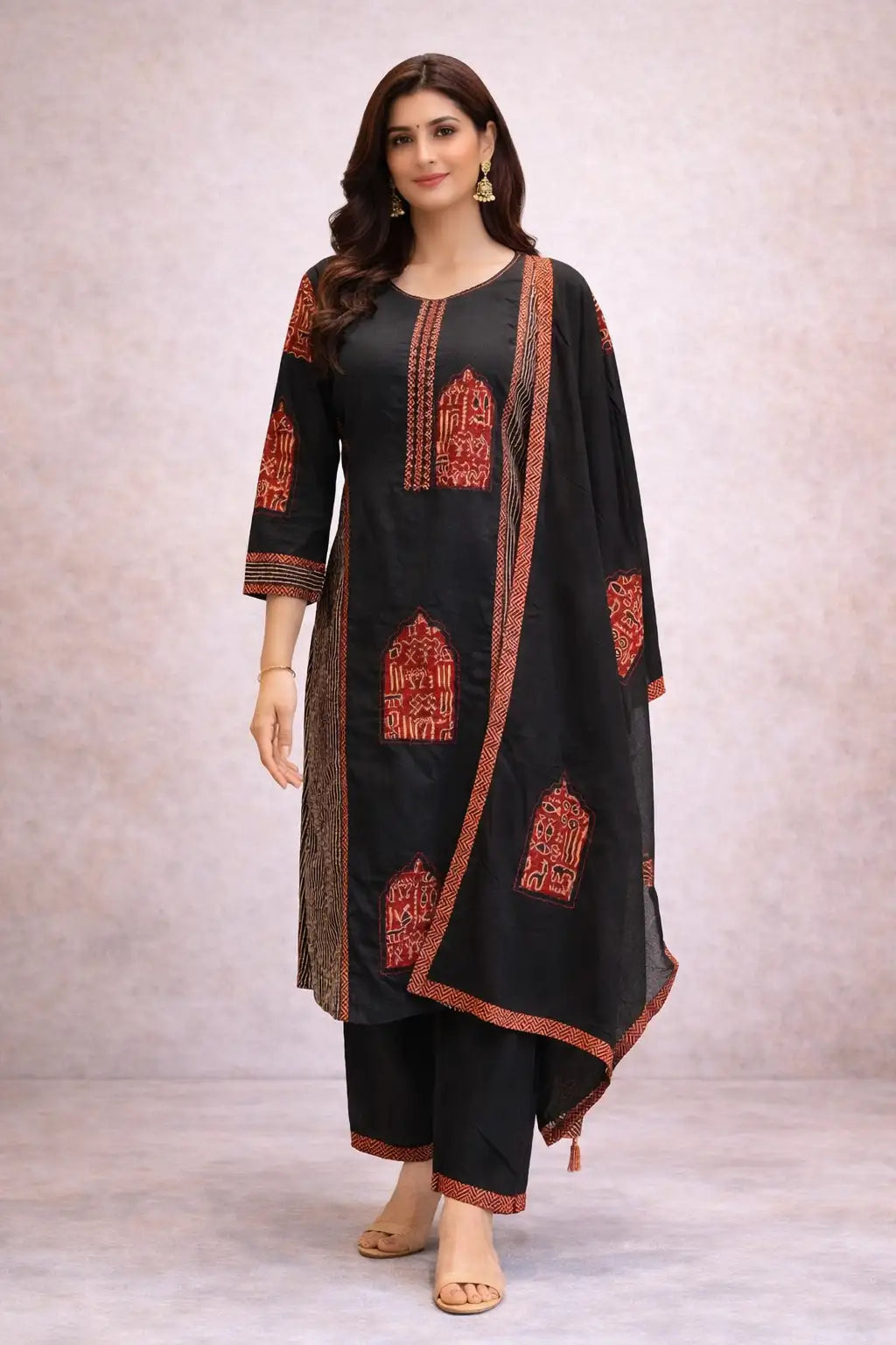 Black Ethnic Printed Kurta Set with Dupatta
