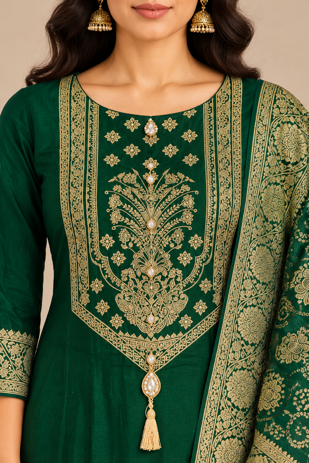 Dark Green Embroidered Kurta Set with Gold Brocade Dupatta