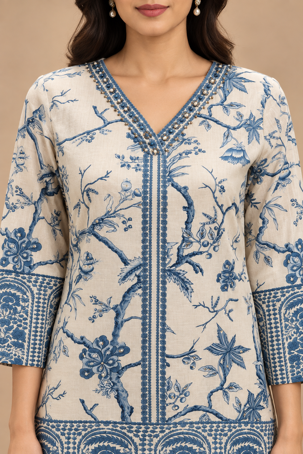 Ivory Blue Floral Printed Kurta Palazzo Set