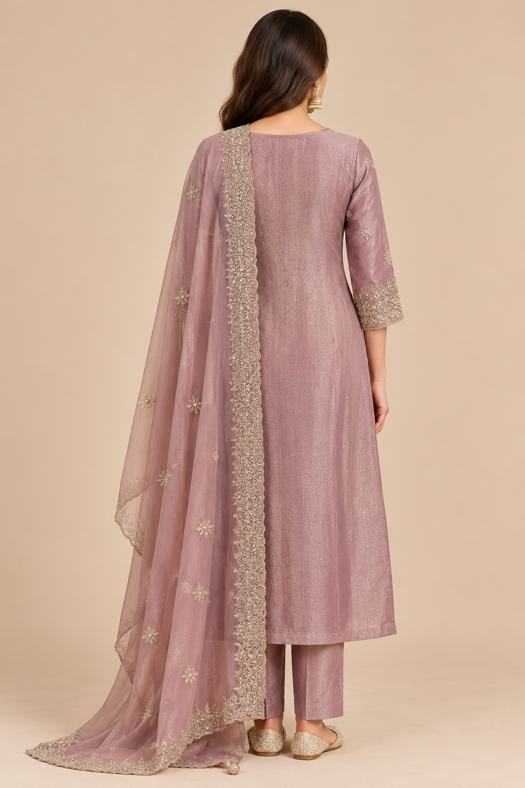 Mauve Pink Embroidered Kurta Pant Set with Matching Dupatta