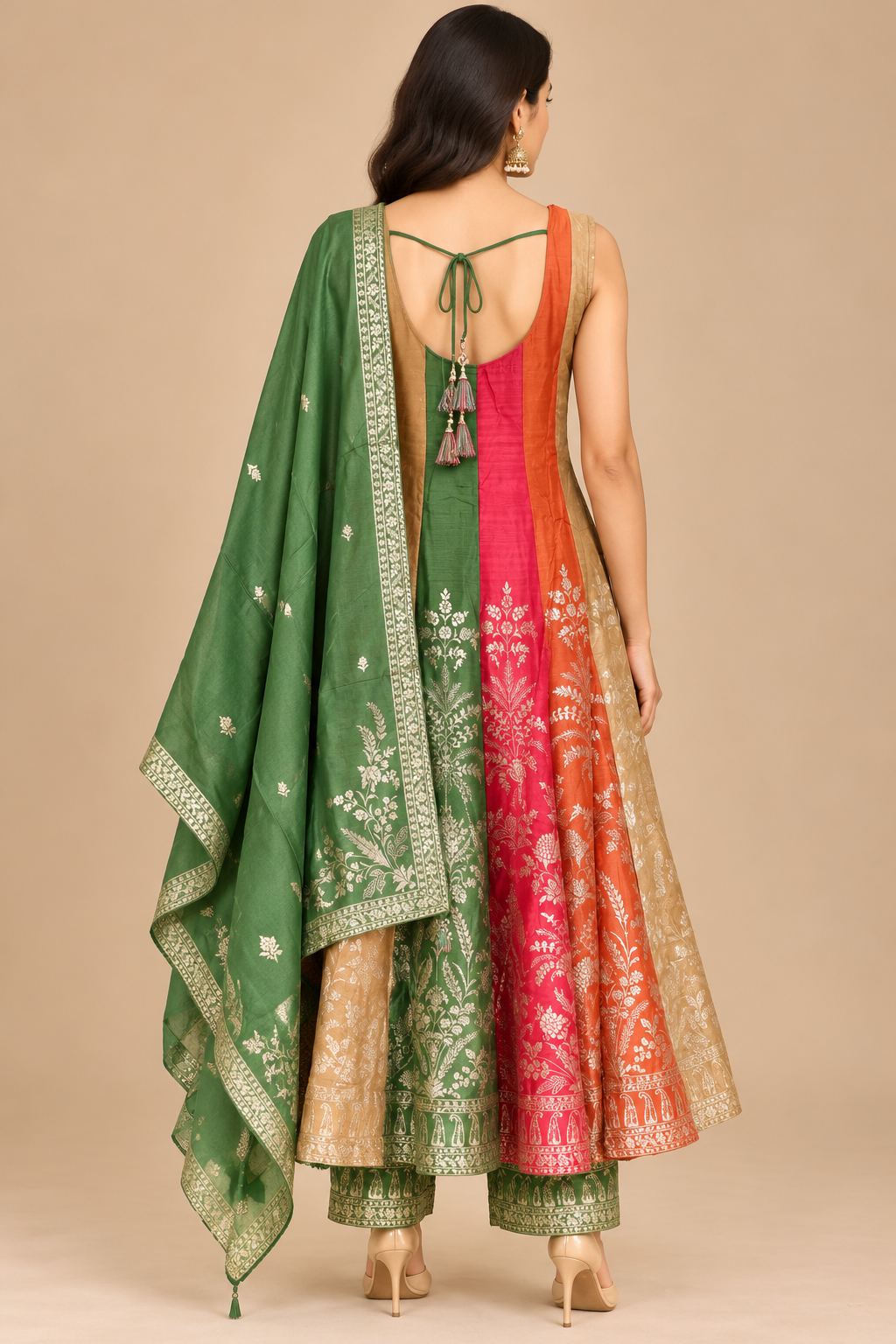 Multicolor Floral Embroidered Anarkali Suit Set with Green Dupatta