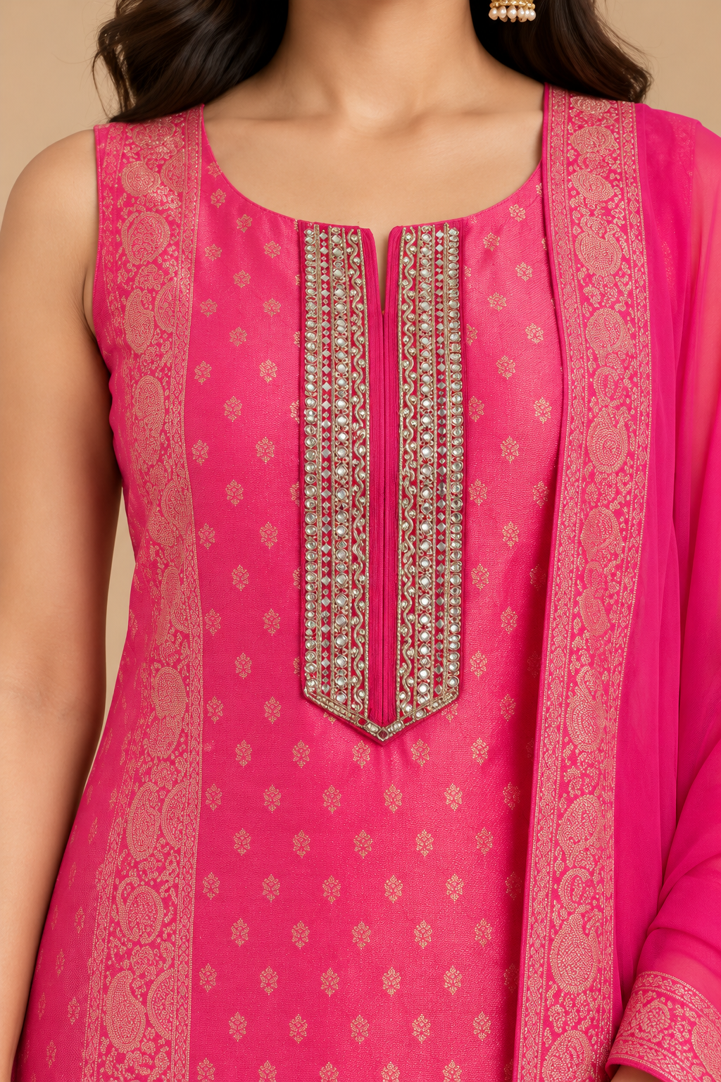 Hot Pink Printed Straight-Cut Salwar Suit Set with Matching Dupatta