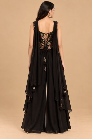 Black Silk Embroidered Sharara Set