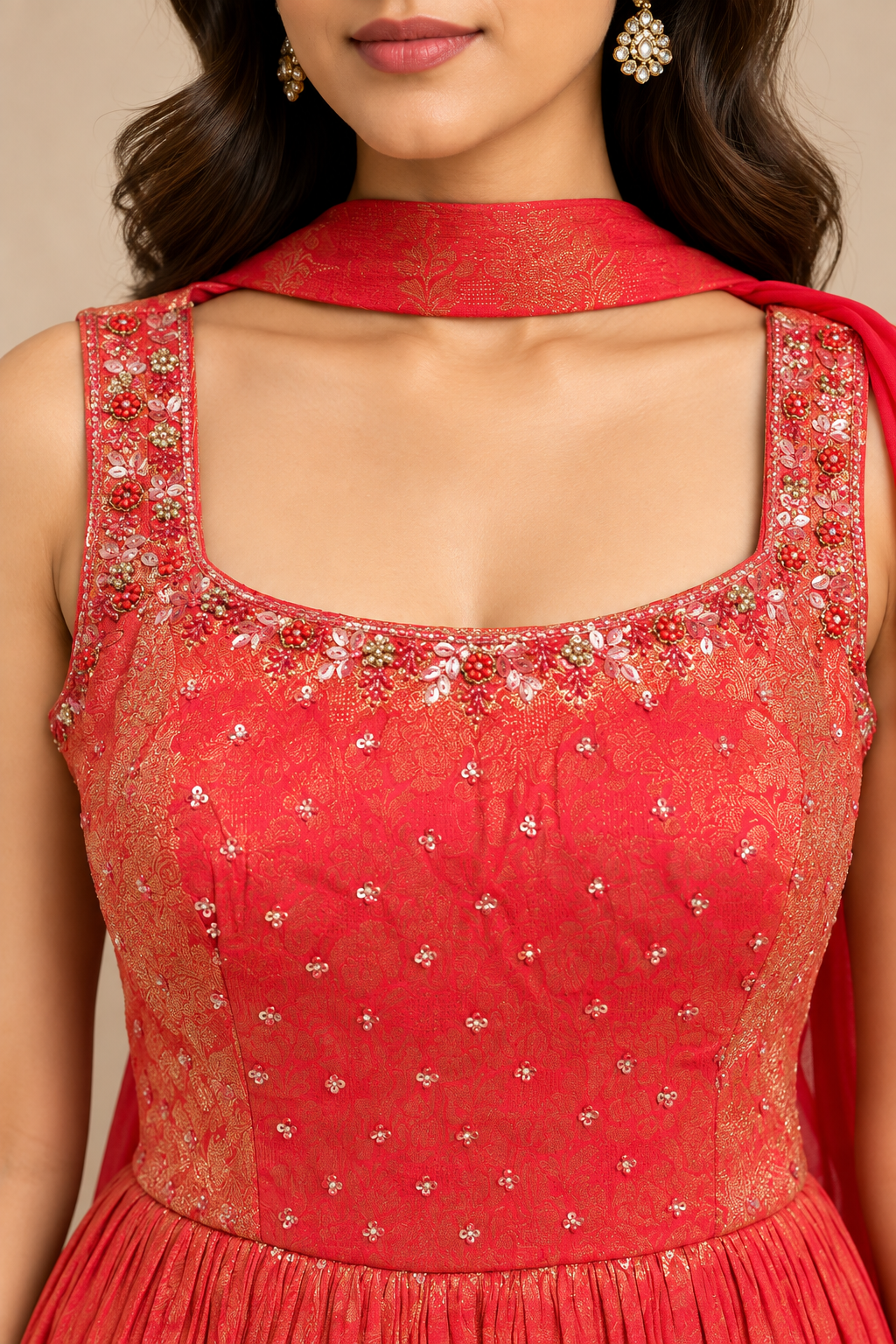 Coral Red Brocade Silk Sharara Set