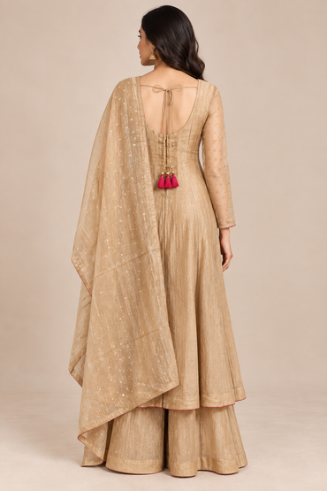 Beige Embroidered Anarkali Palazzo Suit Set with Dupatta