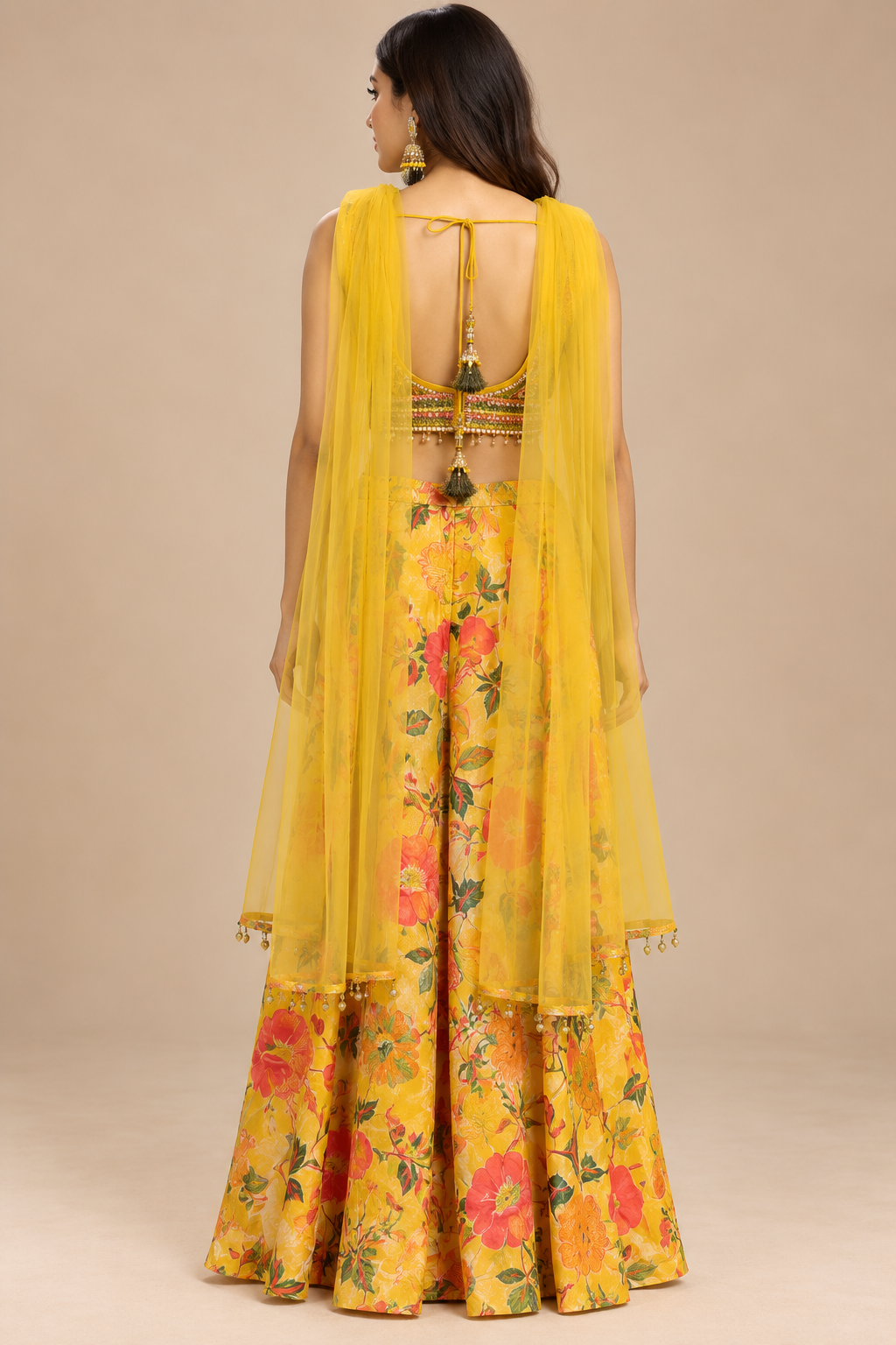 Yellow Floral Printed Palazzo Set with Embellished Crop Top & Dupatta