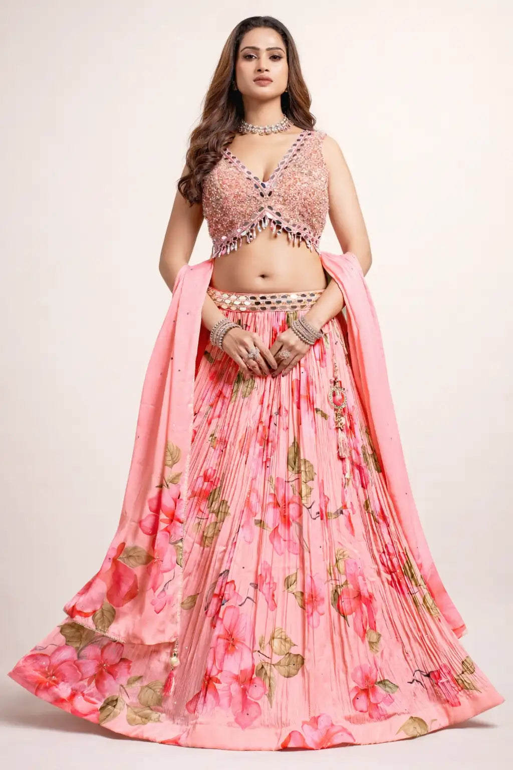 Pink Floral Organza Crop Top Lehenga Set with Dupatta