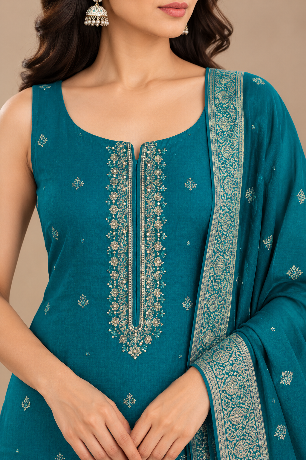 Teal Blue Embroidered Kurta Set with Printed Dupatta