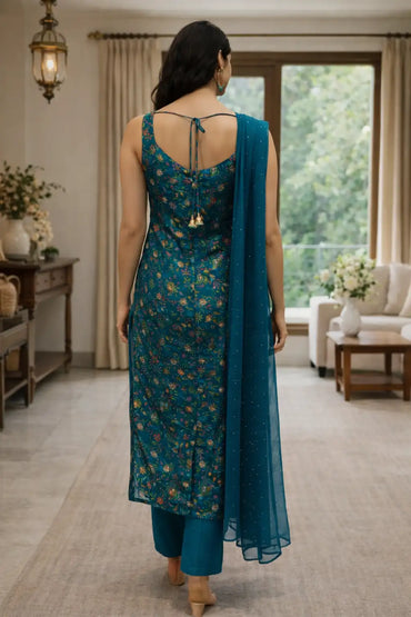 Teal Floral Printed Kurta Set with Dupatta