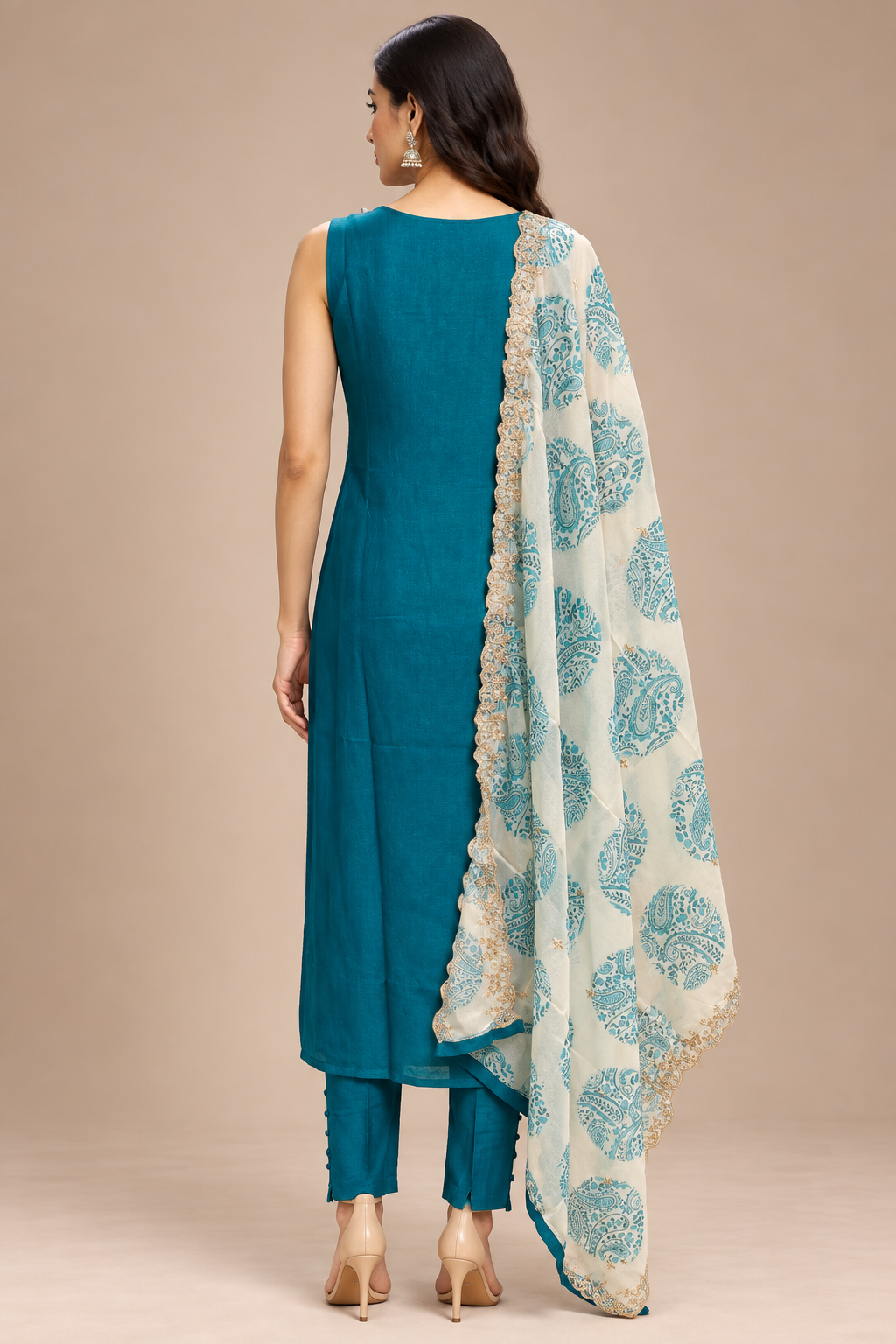 Teal Blue Embroidered Straight Kurta Pant Set with Printed Dupatta