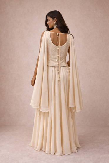 Elegant Cream Georgette Lehenga Set with Embroidered Blouse & Dupatta for Women