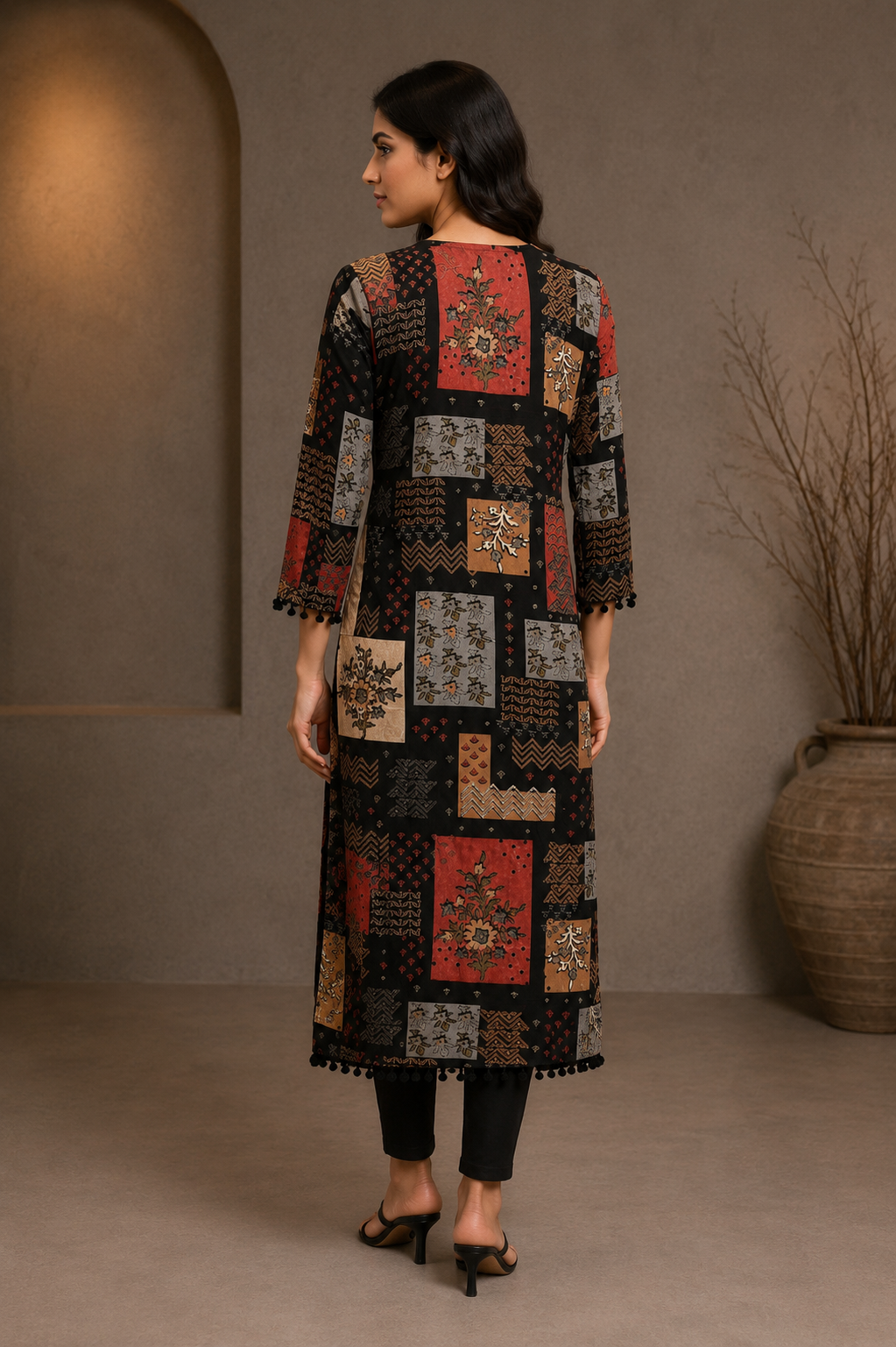 Black Printed Straight Kurti with Pom-Pom Detail